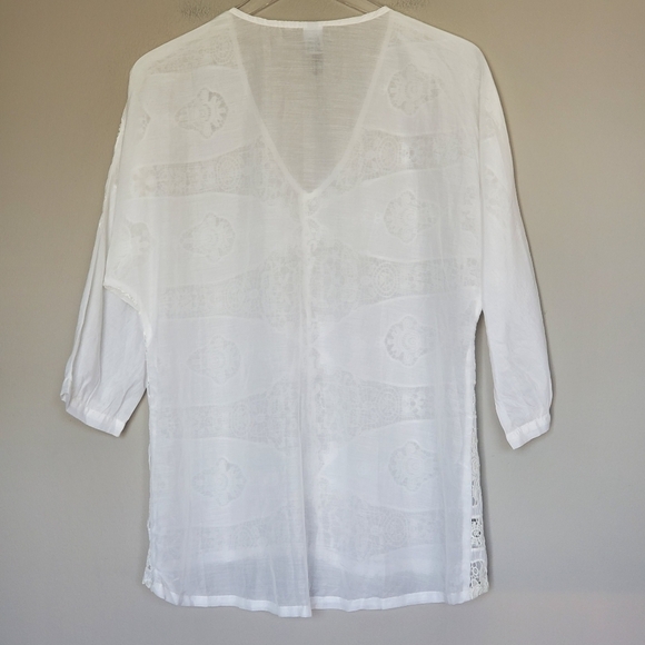 XCVI Women's Boho White Embroidered Lace Sheer Silk Blend Tunic Coverup Top M - Picture 2 of 7
